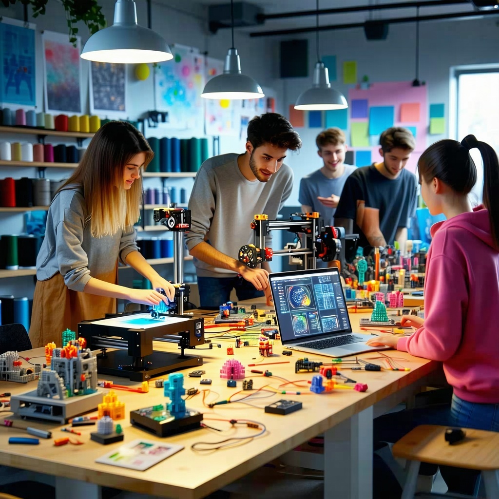A vibrant workshop filled with an array of cuttingedge technology and tools In the foreground a diverse group of individuals gathers around a large table cluttered with 3D printers laser cutters and colorful electronic components Brightly lit overhea-1